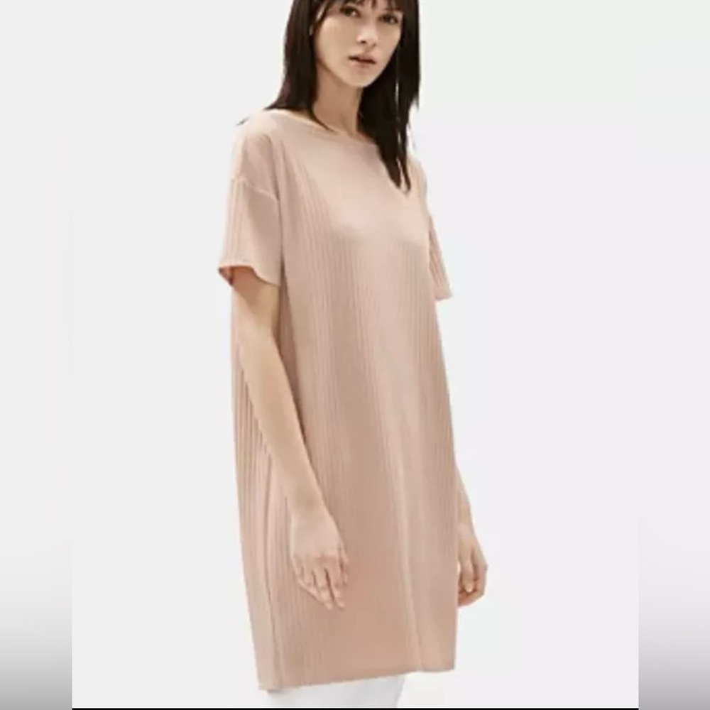 Eileen Fisher Bateau Neck Tencel Stretch Rib Shift Dress in Dune